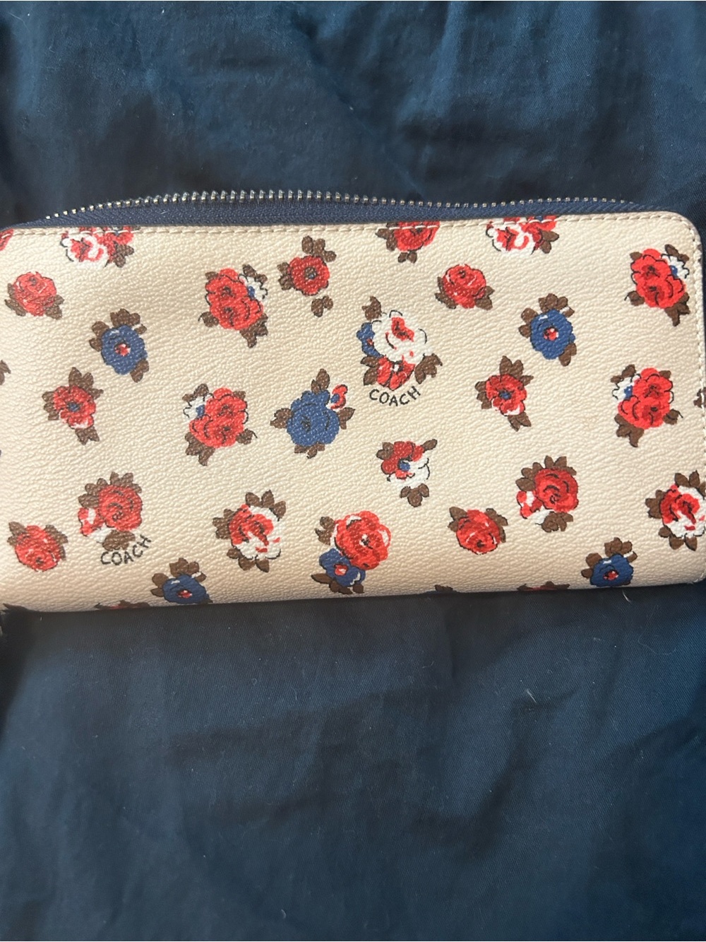 COACH Beige Floral Zip Wallet with Red & Blue Blooms
